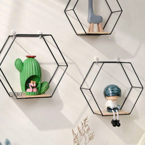 Set of 3 Metal Hexagon Floating Wall Shelves - Decorative Hanging Shelves in 3 Sizes for Living Room, Bedroom, Bathroom, Hallway, and Café