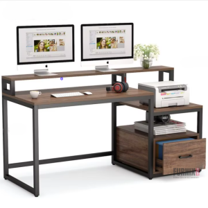 Furnix Computer Table Desktop Table with File Drawer Cabinet, Reversible Drawer Office Desk with Open Storage Shelves & Printer Space, Wood Study Writing Desk Workstation for Home Office