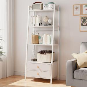60 Inch Open Back Ladder Bookshelf – Self-Standing Steel Frame with 2 Drawers