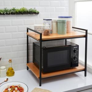 2 Layer Multifunctional Rack | Kitchen Storage Shelf, Microwave Stand, Cosmetic Shelf Rack | Floor-Mount Shelf with Black Pipe Design