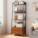 60 Inch Open Back Ladder Bookshelf – Self-Standing Steel Frame with 2 Drawers