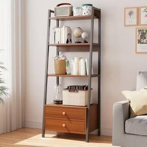 60 Inch Open Back Ladder Bookshelf – Self-Standing Steel Frame with 2 Drawers