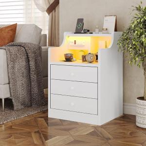 ADORNEVE Nightstand Without LED Lights, Night Stand with Hutch, Bedside Table with Drawers, Modern End Side Table for Bedroom