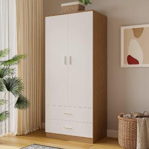 Royal Decor 2 Door 2 Drawer Almirah Wardrobe with Hanging Rail Wooden Clothes Storage Cupboards Unit for Bedroom Furniture 70* 30* 16 inch (White with Oak)