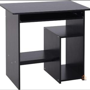 RoyalDecor Compact Small Computer Table Wooden Desk Keyboard Tray Storage Shelf Modern Corner Table Home Office Black