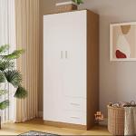 Stylish 2 Door 2 Drawer Almirah Wardrobe with Hanging Rail Wooden Clothes Storage Cupboards Unit for Bedroom Furniture 70* 30* 16 inch