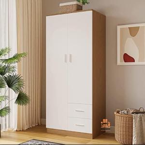 Stylish 2 Door 2 Drawer Almirah Wardrobe with Hanging Rail Wooden Clothes Storage Cupboards Unit for Bedroom Furniture 70* 30* 16 inch