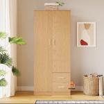 Stylish 2 Door 2 Drawer Almirah Wardrobe with Hanging Rail Wooden Clothes Storage Cupboards Unit for Bedroom Furniture 70* 30* 16 inch